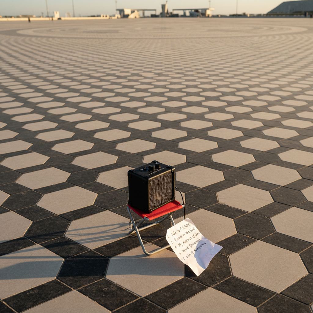 A portable amplifier on a tiny foldable stool stands at the very edge of a huge, circular plaza, its volume knob comically turned all the way down. Next to it lies a crumpled setlist with absurd, witty song titles clearly legible, fluttering in a light breeze. The ground is tiled in repeating geometric patterns that seem to stretch forever, captured in photographic realism. Golden hour sunlight skims across the plaza, adding warm highlights and long, dramatic shadows that emphasize the amplifier’s smallness. Shot from a slightly elevated angle with leading lines pulling the eye into the distance, the mood is lighthearted and self-aware, as if the equipment has stage fright, creating a humorous, playful tension between performance and open space.