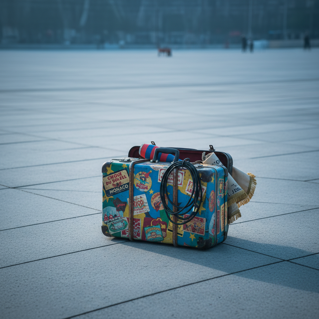 A colorful street performer’s suitcase, plastered with worn travel stickers and bright circus patterns, sits unopened at the edge of a wide, intimidating plaza of smooth concrete. A coiled microphone cable, a closed juggling club, and a rolled-up banner peek from the slightly ajar lid, as if courage is trapped inside. Early morning, cool blue-toned light stretches long, thin shadows across the ground in photographic realism. The vast empty space beyond gently blurs, emphasizing the suitcase as the central subject. Captured from a low-angle, slightly off-center composition, the mood is playful yet tentative, humorously exaggerating how enormous and overwhelming the open square feels compared to the modest, quirky performance gear.