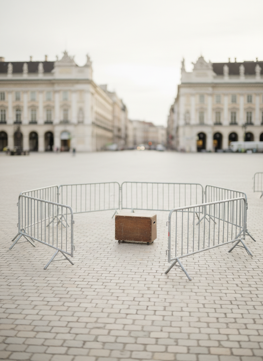 A small, slightly scuffed wooden performance box standing alone in the middle of a vast, empty city square of pale cobblestones. Around it, metal crowd barriers form a loose, nervous semicircle, all of them left open, as if expecting an audience that never came. Late afternoon overcast light creates soft, diffused photographic realism, with gentle shadows pooling under the box and barriers. In the distance, grand historic facades blur into a creamy bokeh, emphasizing the isolation of the tiny stage. Shot at eye level with a shallow depth of field and playful, subtly humorous mood, the scene feels like a visual metaphor for stage fright in public spaces, clean and modern in composition with strong rule-of-thirds placement.