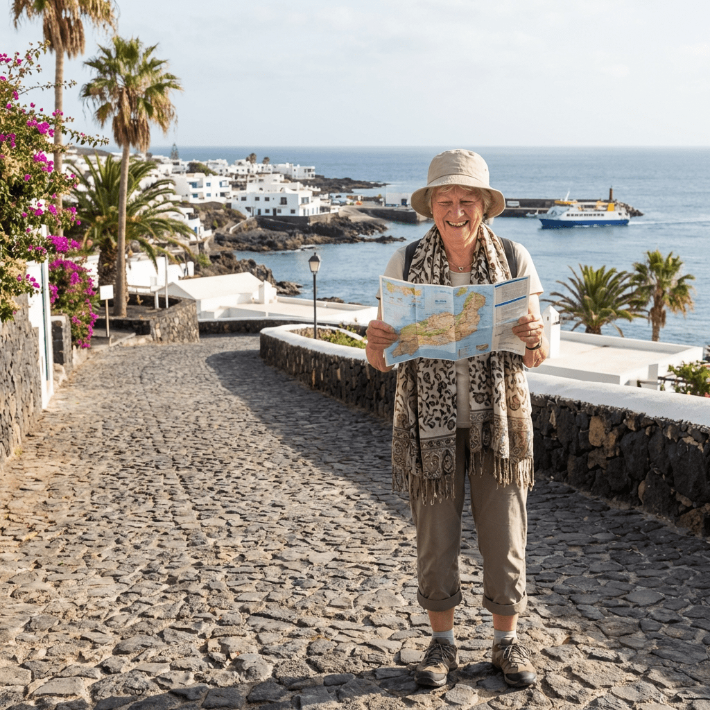 A smiling senior woman holds a map on a cobblestone path in a coastal town.