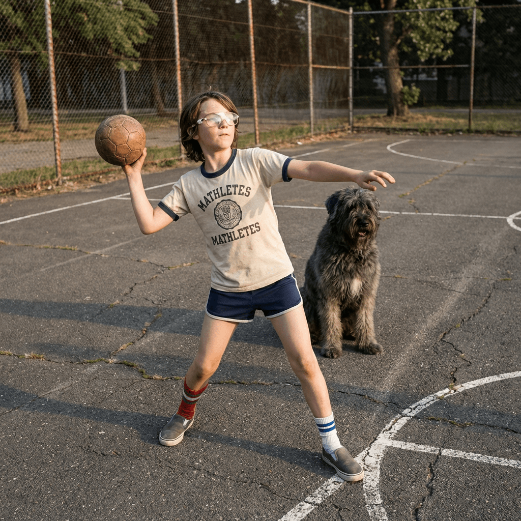 Boy in a Mathletes t-shirt throws a ball on a court next to his dog.