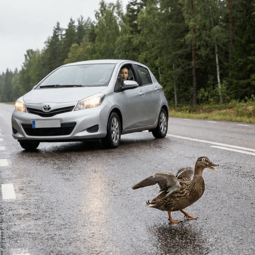 Duck crossing a wet road in front of a stopped car with a surprised driver.