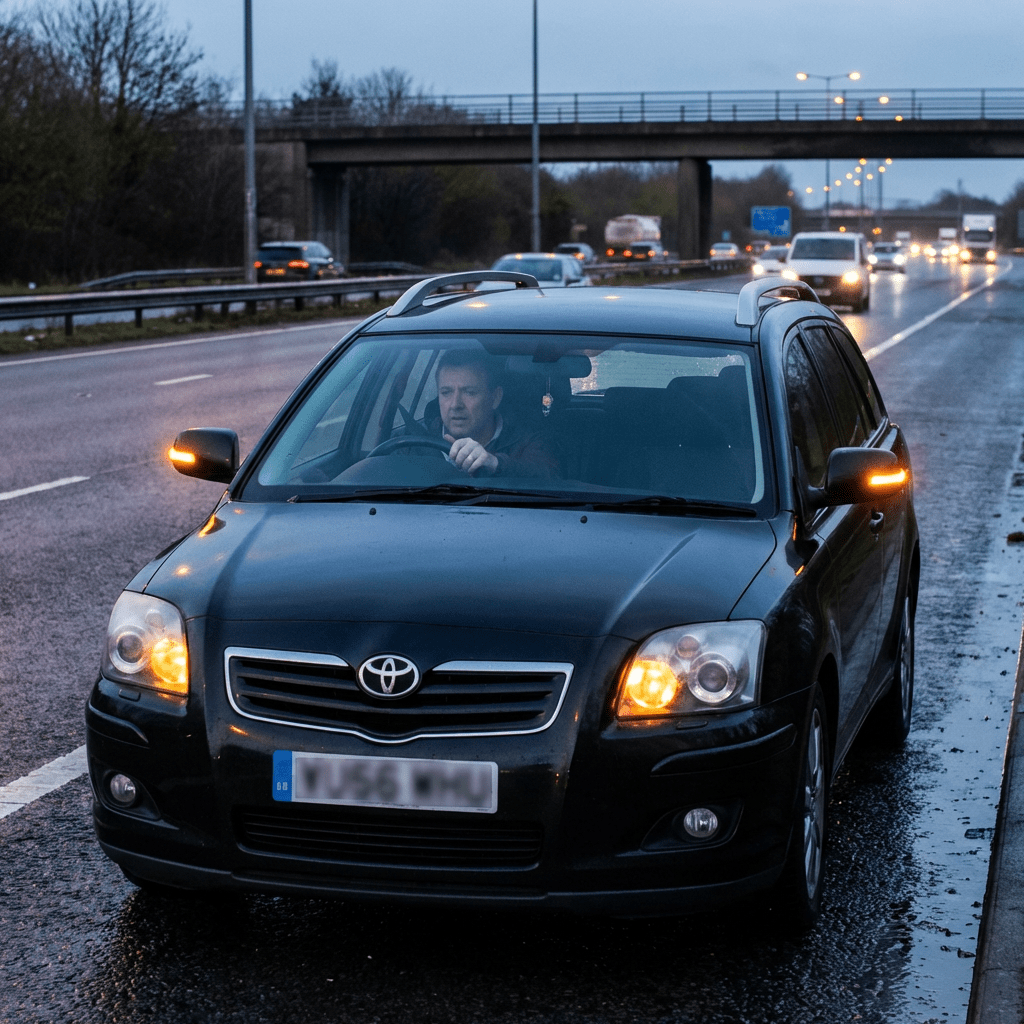 A man driving a black Toyota on a wet highway with hazard lights activated.