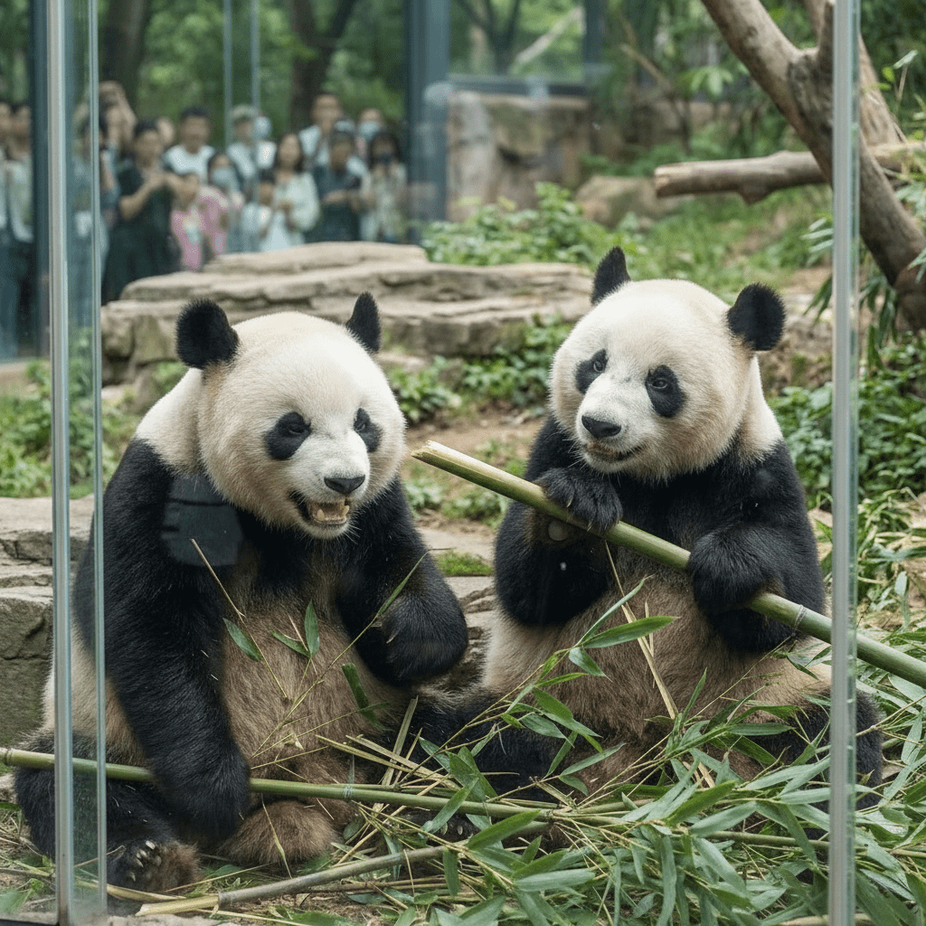 Two giant pandas sit together and eat long green bamboo stalks in an enclosure.