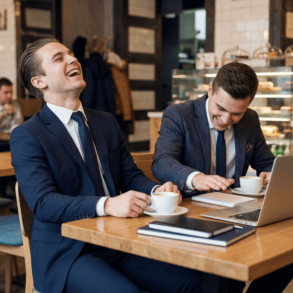Two businessmen laughing while working together on a laptop in a cafe.