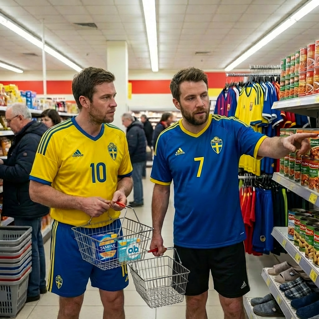 Two men in worn clothing shop for bread and canned goods in a brightly lit supermarket.