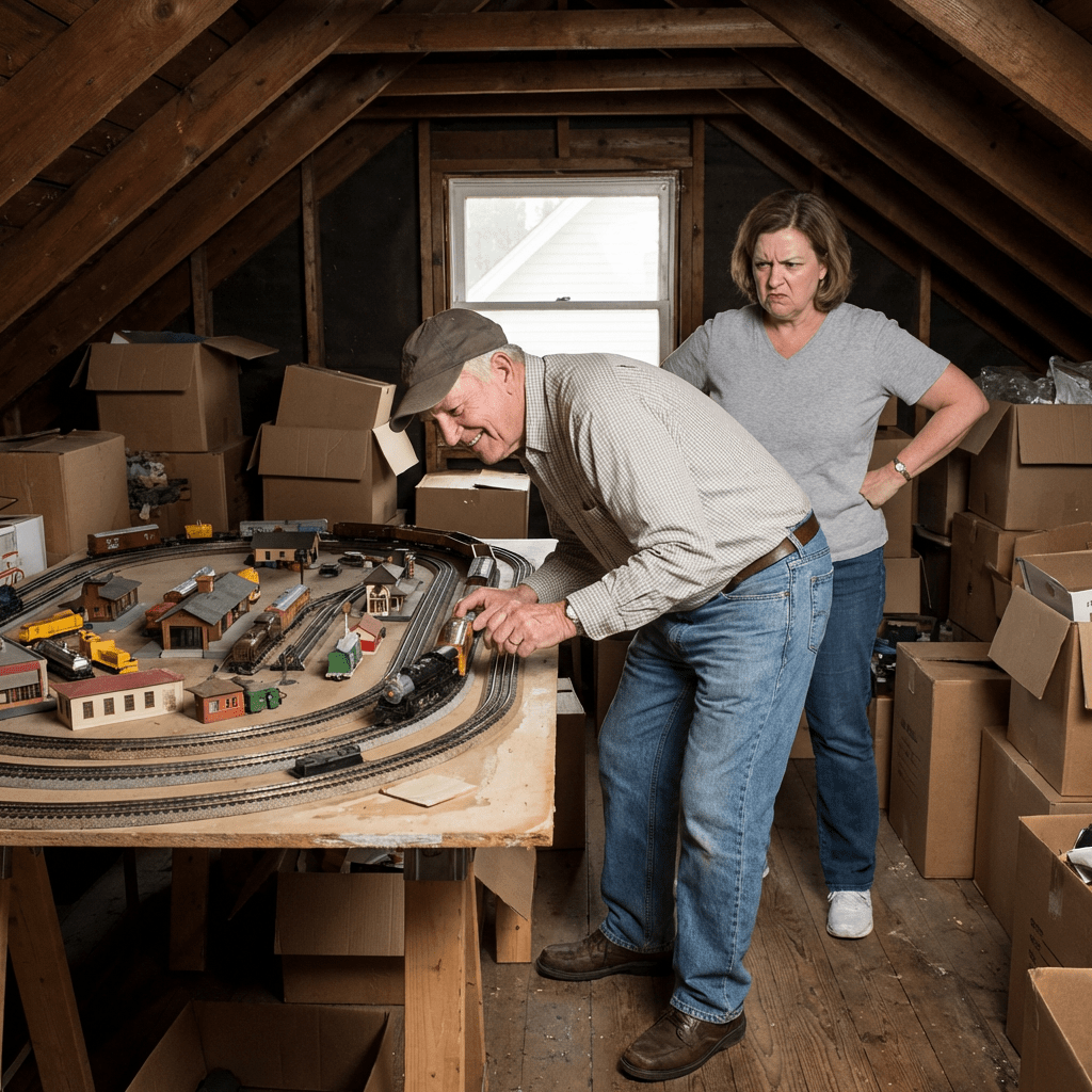 A man happily plays with model trains in a cluttered attic while an annoyed woman watches.