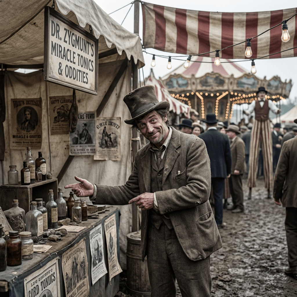 A man in period clothing gesturing at tonic bottles in a vintage carnival setting.