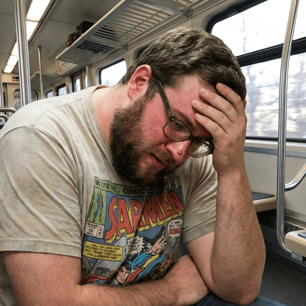Man wearing a comic book t-shirt looking stressed in a bookstore filled with comics.