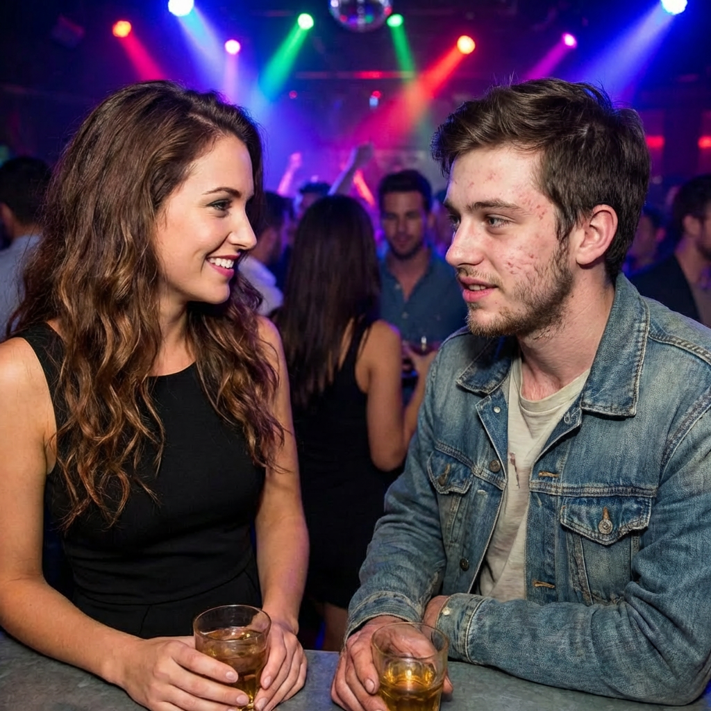 A young woman and an older man smiling and talking at a bar in a nightclub.