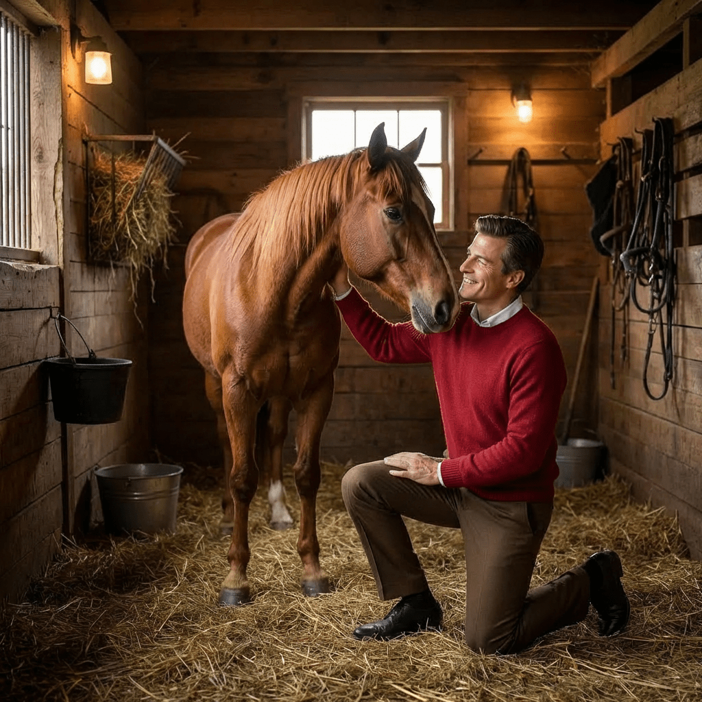 A man in a red sweater affectionately pets a chestnut horse in a rustic stable.