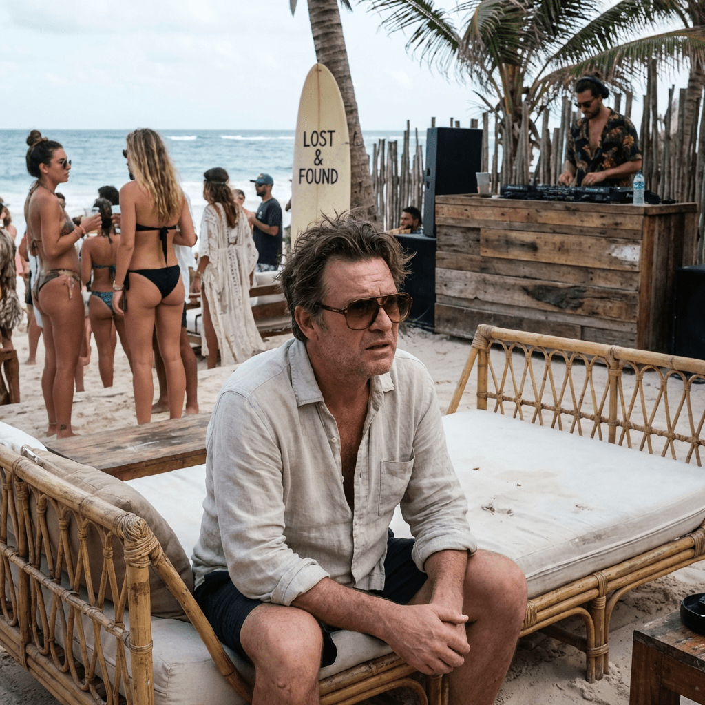 A man in sunglasses sitting on a beach lounge chair during a club event.