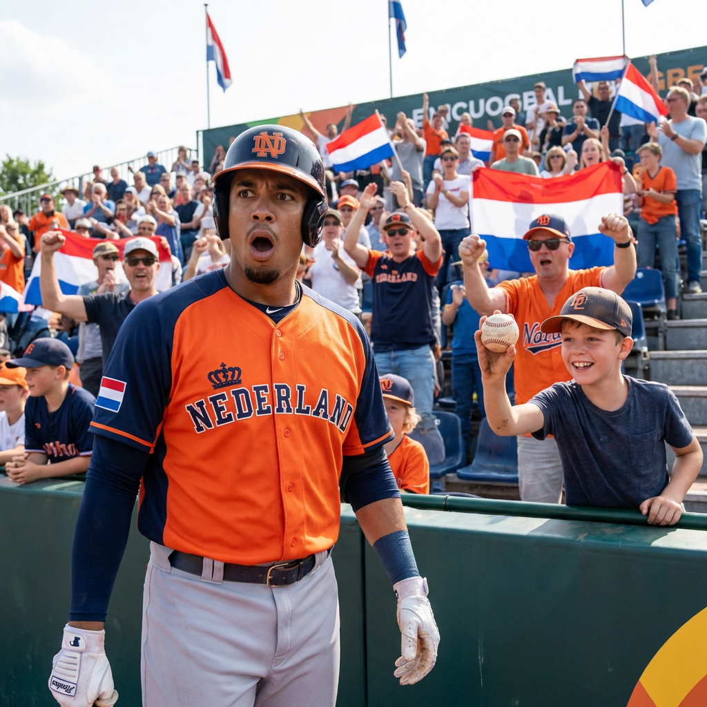 Dutch baseball player reacts as a fan displays a caught baseball in the stands.