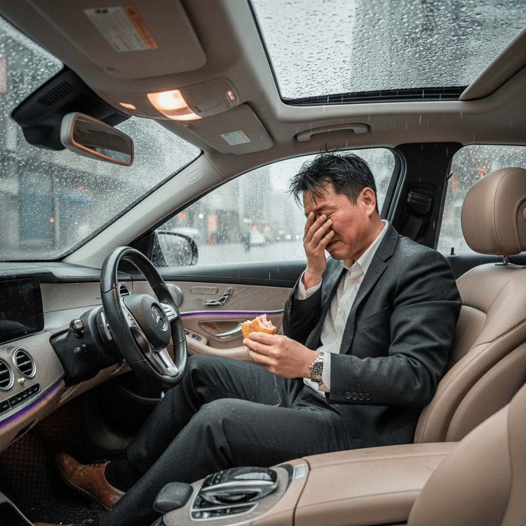 A man in a suit crying while holding a burger inside a car during a rainstorm.