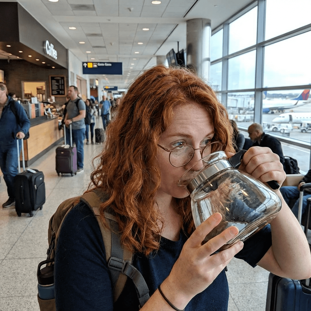 Woman with curly red hair drinking directly from a glass coffee carafe in an airport.