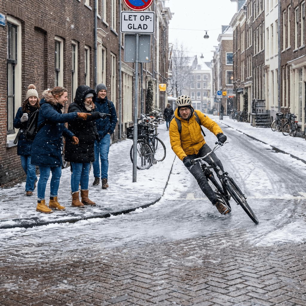 Cyclist in yellow leaning into a turn on a snowy cobblestone street with onlookers.