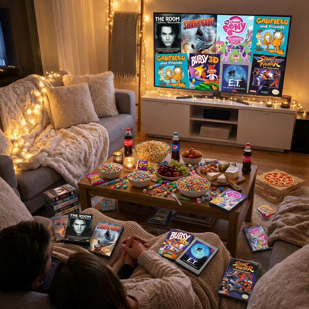 Cozy room with snacks and a TV showing The Room, Sharknado, and other cult titles.