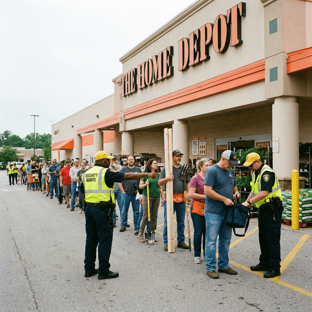 Long line of customers waiting outside a Home Depot with security guards checking bags.