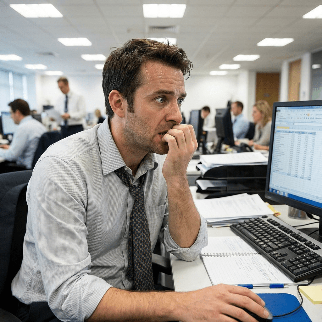 Panicked office worker biting his nails while looking at a spreadsheet on a computer screen.