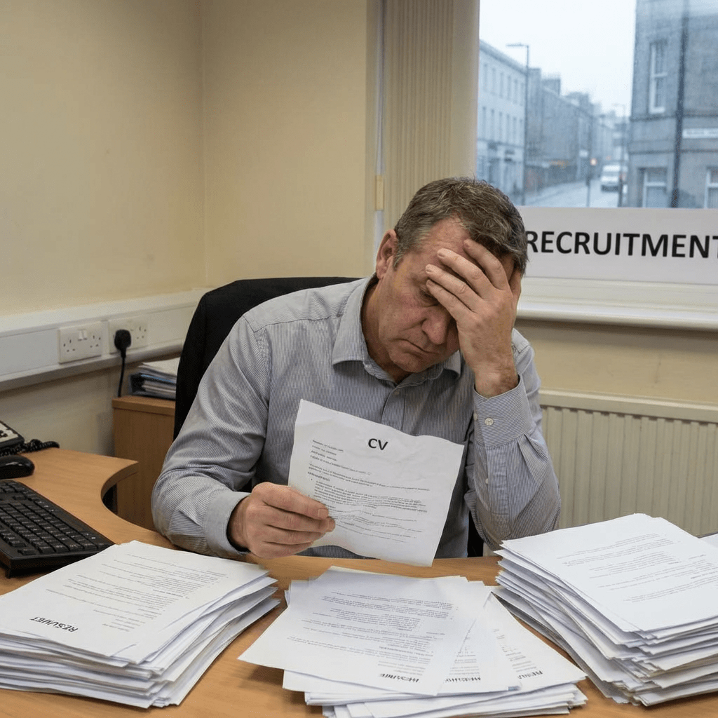 Man at desk holding a CV looking stressed with piles of resumes