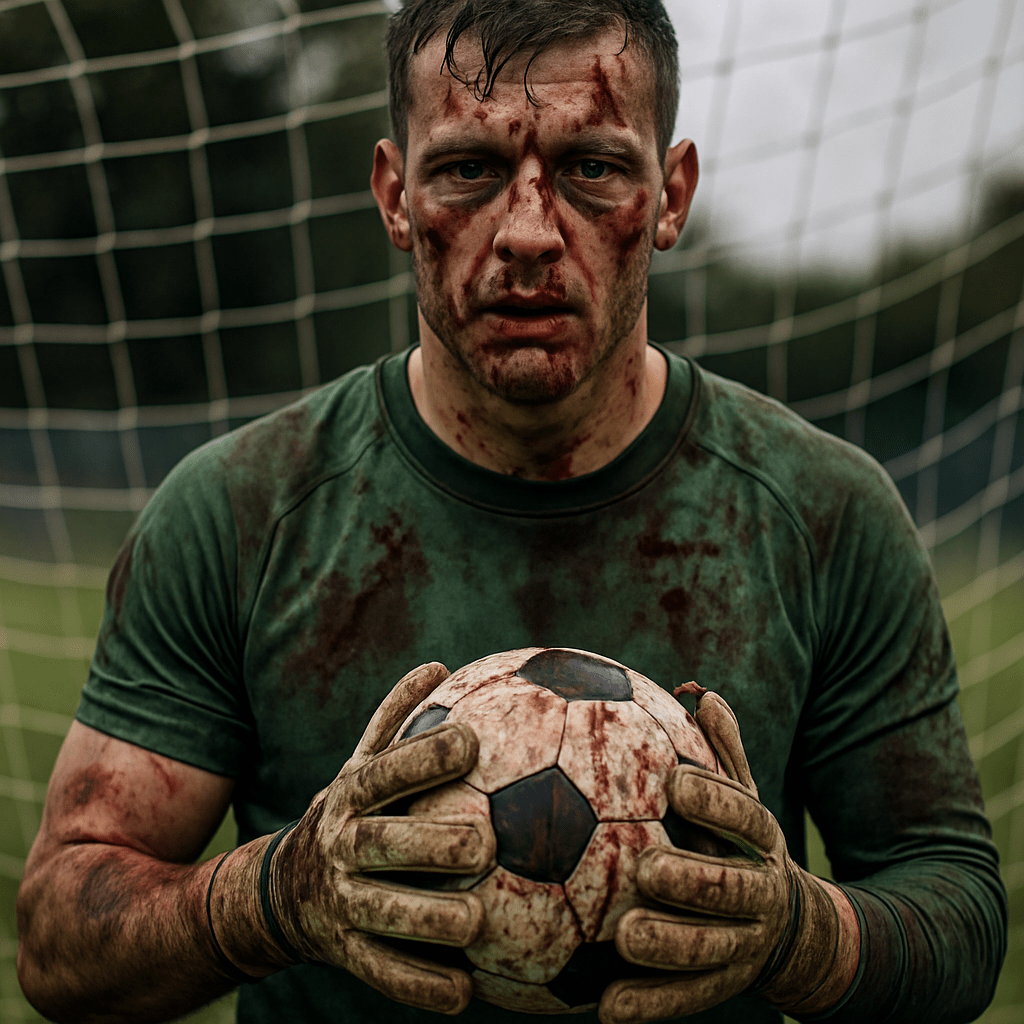 Bloodied soccer goalkeeper holding a ball in front of a goal net
