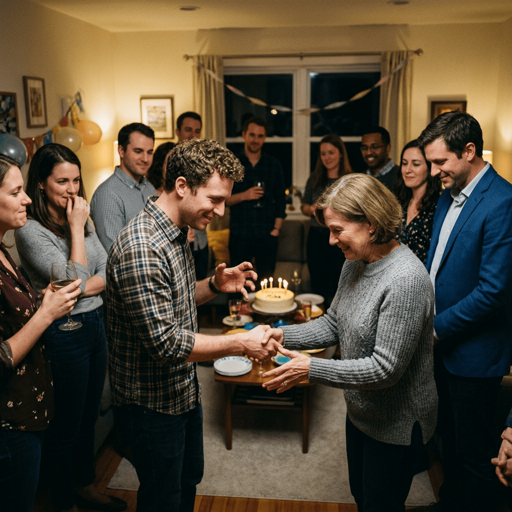 Group of people celebrating a birthday with cake and candles