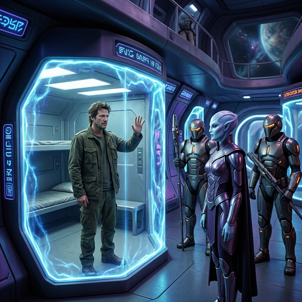 Man in glowing containment pod facing alien woman in armor and two armored guards in futuristic spaceship corridor