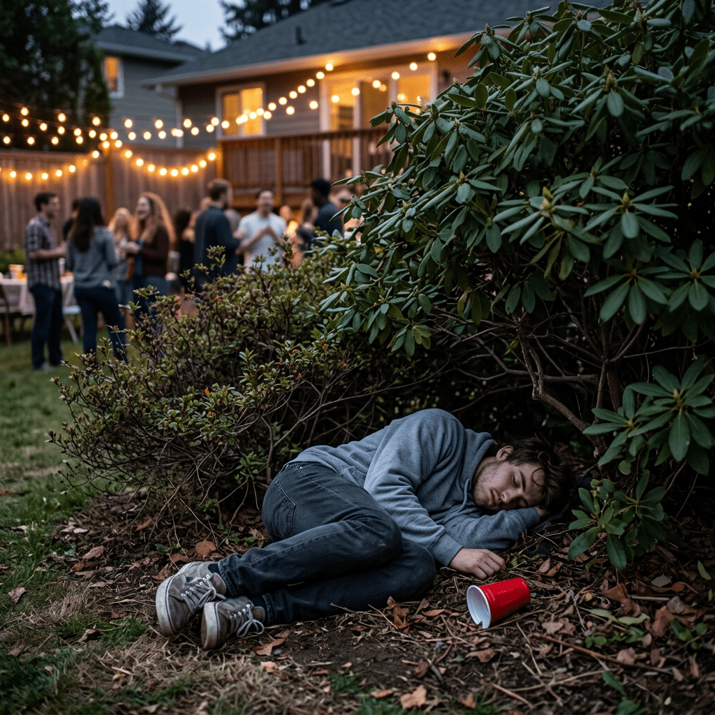 Young man sleeping curled up near bushes at outdoor party with string lights