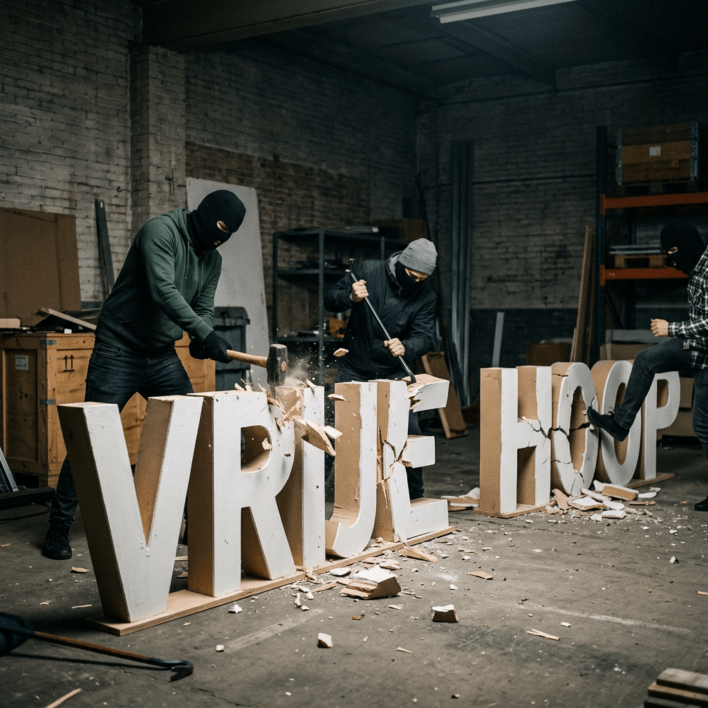 Three masked people breaking large white letters spelling 'VRIJE HOOP' inside a warehouse