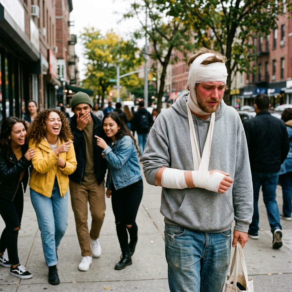 Injured man with bandages on head and arm walking past laughing group of people on sidewalk