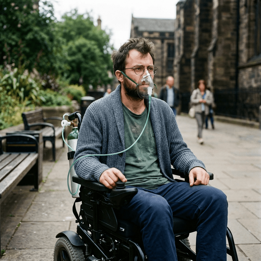 Man sitting in a wheelchair outdoors wearing an oxygen mask connected to a portable tank.